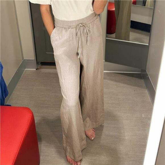 Womens Cotton Linen Palazzo Pants Wide Leg Drawstring Elastic Waist Pants - Picture 6 of 7